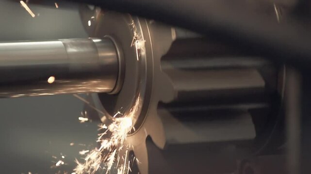 Industrial equipment is used for gear production at the factory. Industrial machine is grinding the gear at the production plant. Industrial equipment is polishing the gear at the production facility.