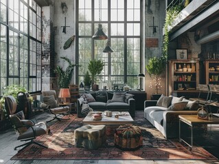Naklejka premium Living room interior in luxury industrial style : Generative AI
