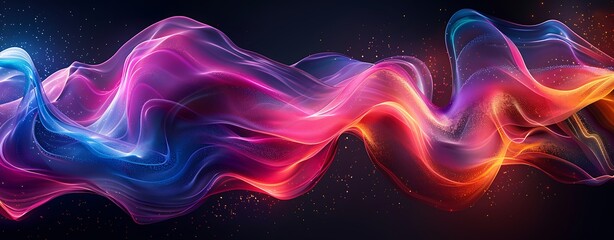 Obraz premium Design an abstract image featuring a twisted, translucent ribbon with neon hues on a black background. The ribbon should have a smooth, glossy finish and intricate curves, with high clarity and no