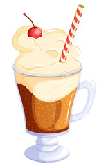 Root Beer Float with Vanilla Ice Cream and Cherry in a Footed Glass Mug