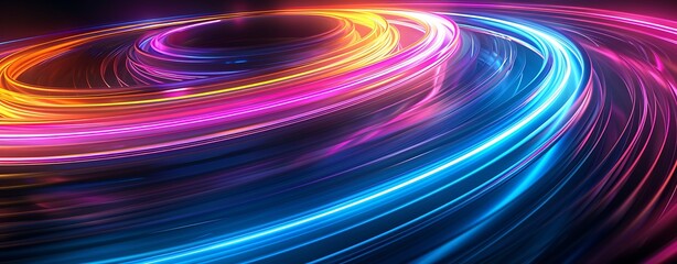 Design a modern abstract image featuring a series of overlapping, translucent rings with a neon color effect on a black background. The rings should create a sense of depth and movement, with sharp