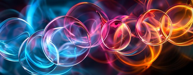 Vibrant abstract design featuring colorful bubbles and light trails against a dark background, creating a dynamic, energetic atmosphere.