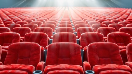 Naklejka premium A brightly lit empty cinema hall with rows of red seats, ready for an audience to watch a movie on the big screen.