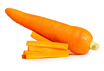 Side view of orange carrot with slices in stick shape in stack isolated with clipping path in png file format