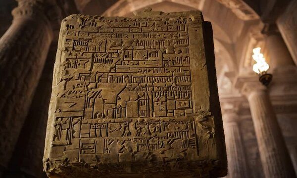 An aged Sumerian bible, depicted with intricate and detailed cuneiform inscriptions and sacred symbols on weathered stone tablets, the environment is an ancient and mystical setting filled with grand