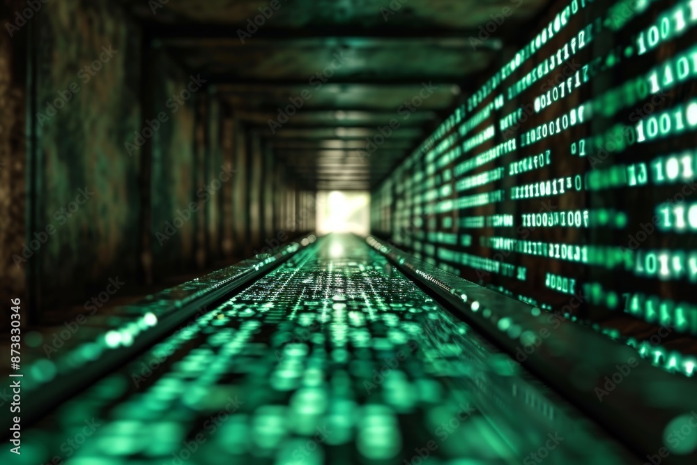 Poster vibrant green tunnel with binary code patterns on the walls, infinite tunnel of binary code represen