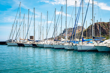 Fototapeta premium Panorama of Castelsardo, seen from Its touristic port. Small town in the north of Sardinia Island (Italy, Sassari Province), it is included in the list of the most beautiful villages in Italy.