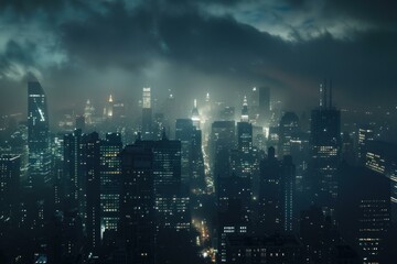 Moody view of a city at night enveloped in mist with glowing lights