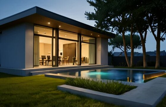 Modern home with pool at dusk, smart house in night 