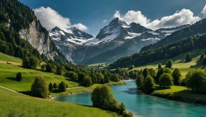 wide side view, mountain, forrest landscape, lake and waterfall, valley with fields, switzerland inspiration, 4K, nikon d5600 photography