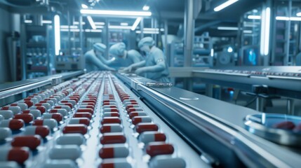 Fototapeta premium Future medical drug production assembly line, workers are producing drugs, movie style, ultra-clear picture