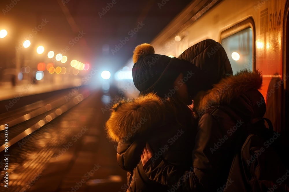 Sticker group of people gathered next to a train, possibly waiting or saying farewell, in an outdoor train s