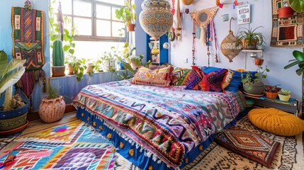 Bohemian bedrooms blend eclectic colors, patterns, textures, and vintage furniture with handmade items and abundant greenery for an artistic, relaxed vibe.

