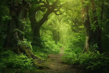 Fototapeta premium A path winds its way through a lush green forest filled with towering trees, An enchanted forest with towering trees and magical creatures hidden among the lush greenery