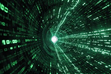 Infinite tunnel of binary code representing matrix, Binary code lines the walls of a vibrant green tunnel, AI garneted