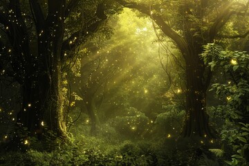 Obraz premium A forest abuzz with fireflies illuminating the towering trees in a magical display of light and nature, An enchanted forest with towering trees and magical creatures hidden among the lush greenery