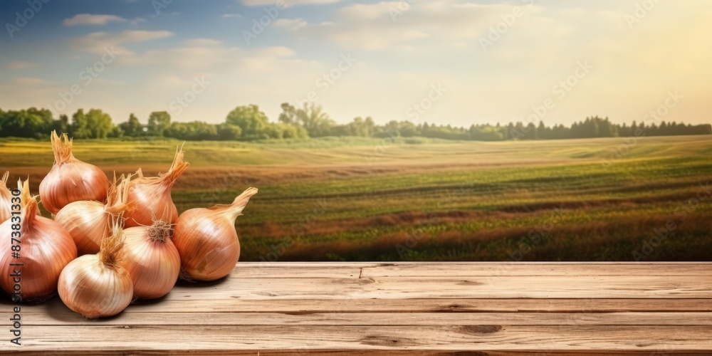 Sticker Onions on wooden table in a field