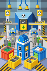 flat-vectorIsometric flat vector illustration of robots sorting recyclable materials in an automated recycling plant.-illustration-of-a-sorting-center-with-.svg
