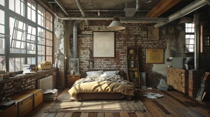Industrial bedroom styles draw inspiration from old factories with exposed brick, metal pipes, and reclaimed wood, creating a rugged, urban aesthetic.
