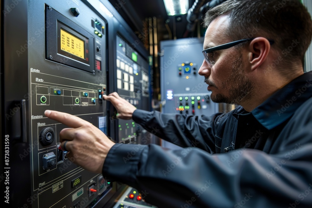 Poster Engineer adjusting control settings on SCADA system in control room, An engineer adjusts control settings on a SCADA system interface