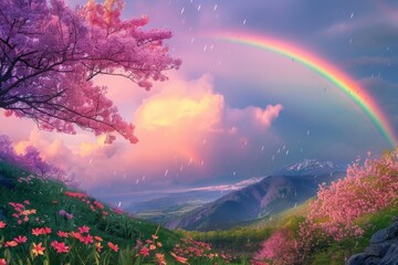 Obraz premium A colorful rainbow spans across a cloudy sky in a painting, An enchanting rainbow arcing across a stormy sky above a lush valley filled with blooming cherry blossoms