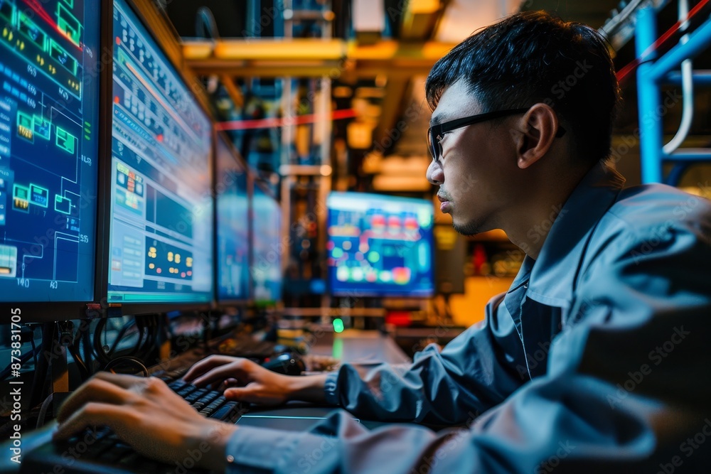 Poster a man sitting in front of a computer monitor, configuring alarms and notifications, an engineer conf