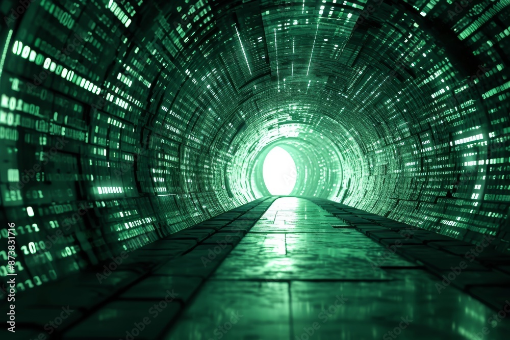 Poster infinite tunnel of binary code representing matrix, a green tunnel with binary code running along th