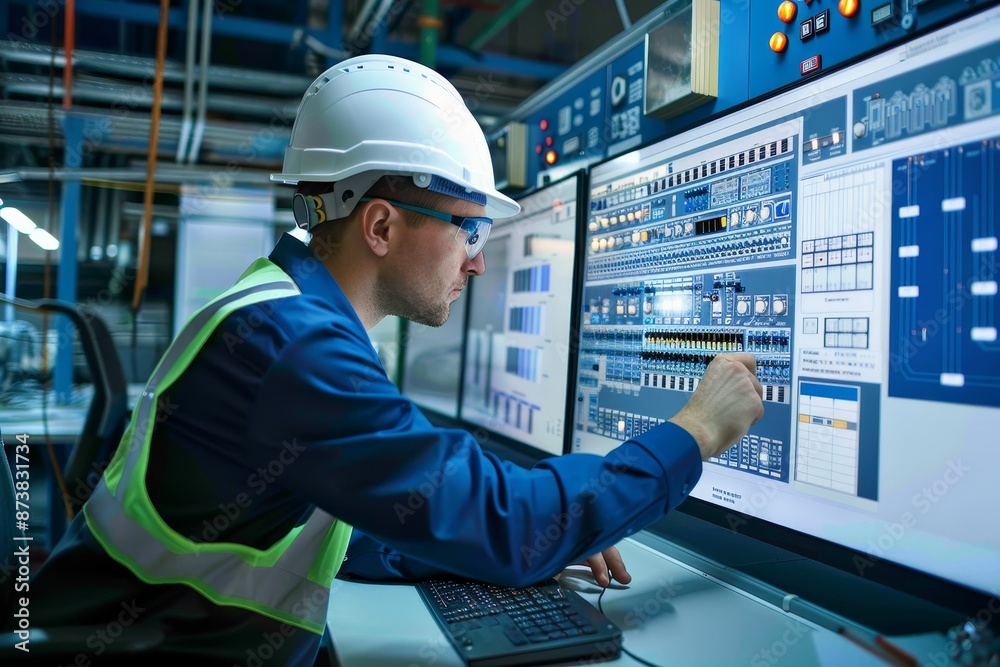 Poster a man in a hard hat carefully configures alarms and notifications on a computer, an engineer configu