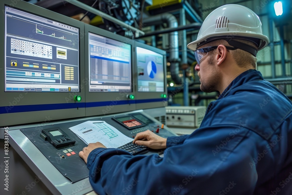 Poster a man in a hard hat is busy working on a machine in an industrial setting, an engineer creates custo