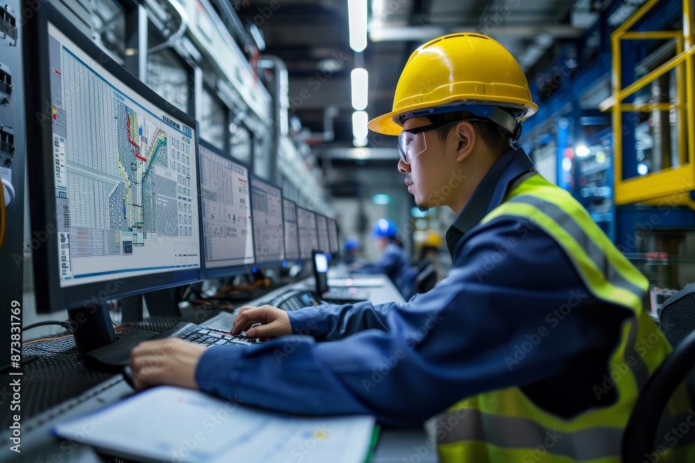 Poster a man in a factory setting is analyzing data on a computer to create reports, an engineer creates cu