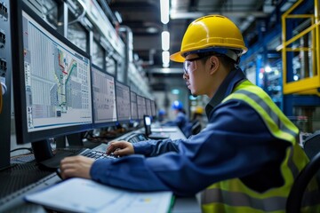 A man in a factory setting is analyzing data on a computer to create reports, An engineer creates custom reports using data from a SCADA system