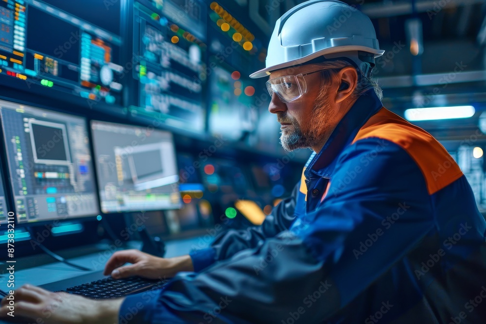 Poster engineer in hardhat focused on scada system displayed on a computer screen, an engineer operator mon
