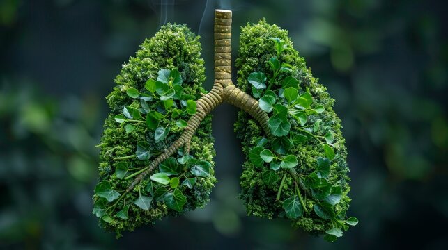 Lungs made of fresh greenery, representing healthy lungs, anti-smoking awareness, educational poster with impactful message
