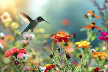 Fototapeta premium Hummingbirds hovering over brightly colored flowers, Vibrant garden scene with a hummingbird hovering near colorful flowers, Ai generated