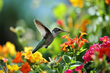 Fototapeta premium Hummingbirds hovering over brightly colored flowers, Vibrant garden scene with a hummingbird hovering near colorful flowers, Ai generated