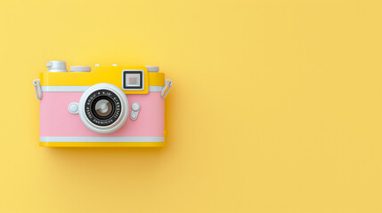 pink retro camera in yellow  background, ideal for a photography-themed retro banner