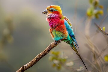 Obraz premium A vibrant bird with colorful feathers sitting on top of a tree branch, An exotic bird with vibrant feathers perched on a branch