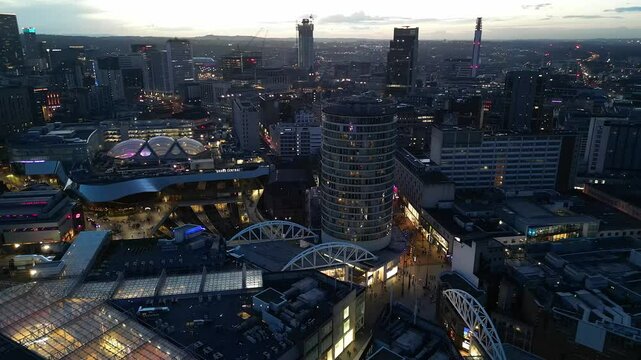 An Aerial View of Illuminated Tall Buildings During Night at Central Birmingham City of England Great Britain. March 30th, 2024