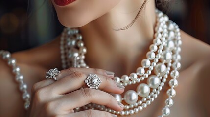 A woman holds a pearl necklace adorned with diamonds in her hand.