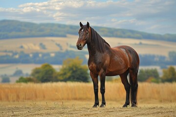 A majestic brown horse standing proudly on a dry grass field, An image of a majestic horse standing proudly in a field
