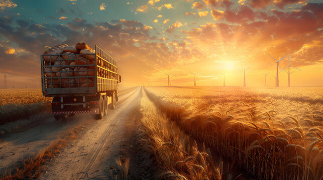 Cargo truck full of bakery products on the road in the ripe wheat field with windmill and sunset. Concept of high quality food products, local farming, cargo and shipping.