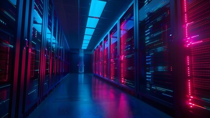 Modern server room with vibrant blue and red lighting showcasing advanced technological infrastructure and data management systems.