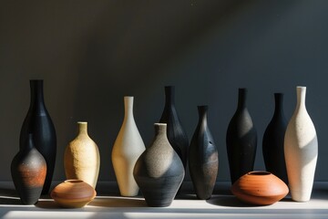 Artistic lineup of diverse ceramic vases on a shelf with dramatic shadow play