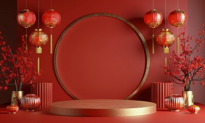 Red And Gold Chinese New Year Festive Decor With Round Platform