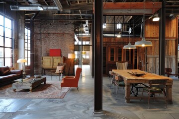 Fototapeta premium A living room filled with furniture and lots of windows, providing ample natural light, An industrial warehouse converted into a trendy office space