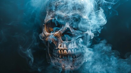 No smoking banner with a skull formed by smoke, impactful and dramatic visual to convey the dangers of smoking, dark and intense style