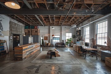 A large room showcasing various furniture pieces in an industrial warehouse setting, An industrial warehouse converted into a trendy office space