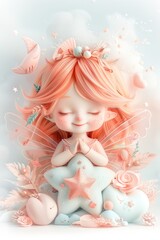 Fototapeta premium Cartoon fairy with pink hair and wings holding a star in dreamy kids book style.