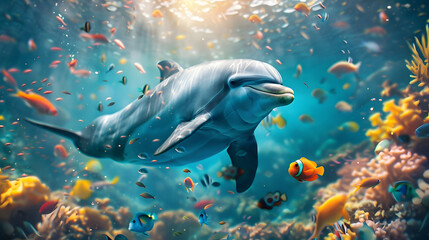 Fototapeta premium A dolphin is swimming underwater