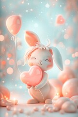 Obraz premium A cute pink rabbit holds a heart-shaped pink balloon in this dreamy caricature, perfect for a kids' book illustration.